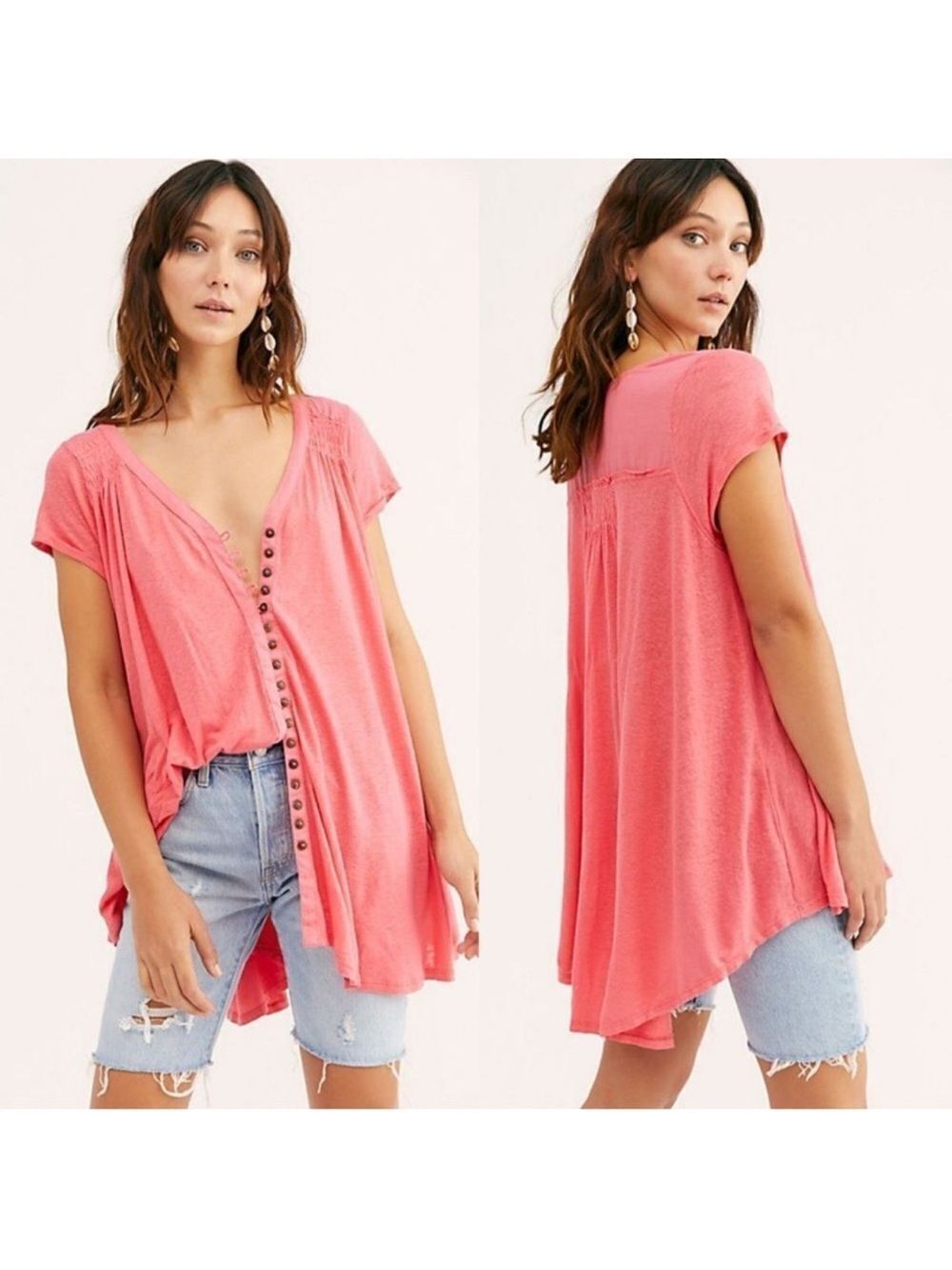 fp M Highland Button Front Y Neck Short Sleeve Oversized High Low Smocked Tee